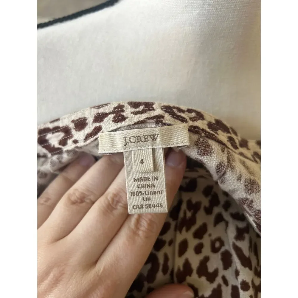 J.Crew Tan & Brown Leopard Print Linen Long Sleeve Peasant Blouse